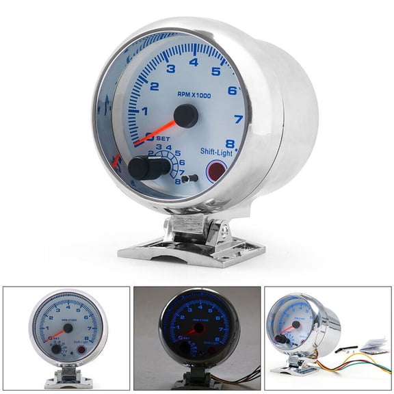 M Buder 3.75 Inch Car Universal Silver Tachometer Gauge with Blue Inter Shift Light, 0-8000 RPM Pointer Revolution Counter for 12V Gasoline Automotive Vehicles and Motorcycles