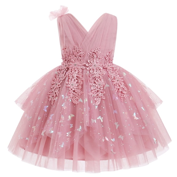 IBTOM CASTLE Toddler Girls Butterfly Birthday Dress Ruffle Tulle Flower Girl Wedding Pageant Formal Party Dress Floral Shiny Butterfly for Photo Shoot 18-24 Months Dusty Pink