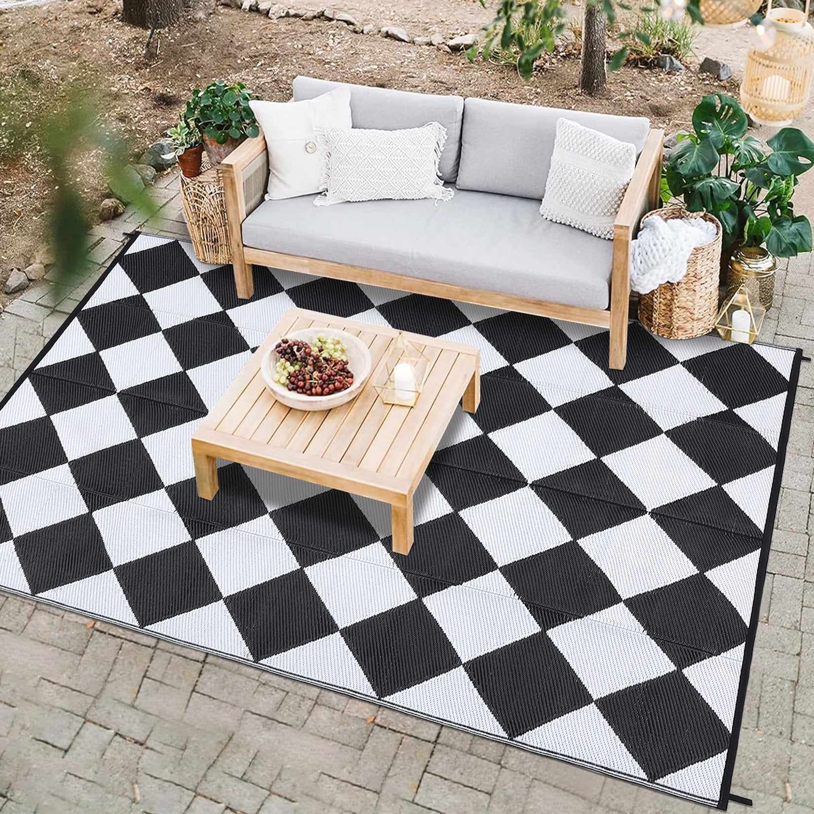 Garvee Outdoor Rug 9'x18' Waterproof Patio Rug, Portable Modern Geometric Plastic Outdoor Carpet for Camping, Deck, Backyard, Porch Decor, with Storage Bag, Black and White