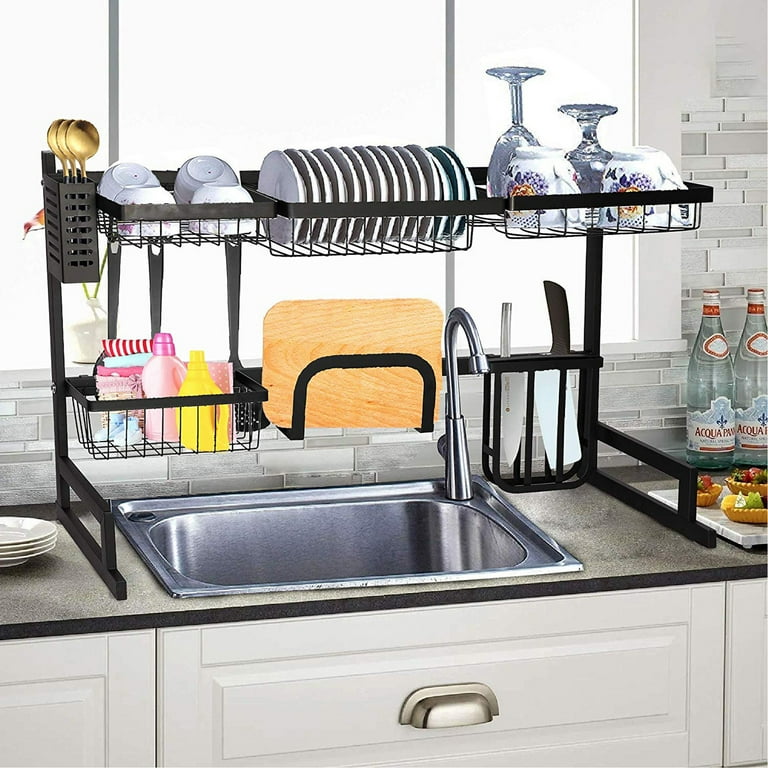 KARMAS PRODUCT Over Sink Dish Drying Rack Stainless Steel Kitchen Supplies Storage Shelf Multifunctional Tableware Drainer Organizer With Utensils