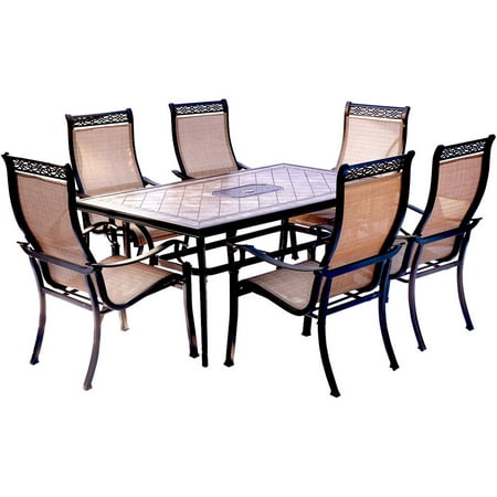 Hanover Outdoor Monaco 7-Piece Tile-Top Dining Set with Sling Stationary Chairs Cedar