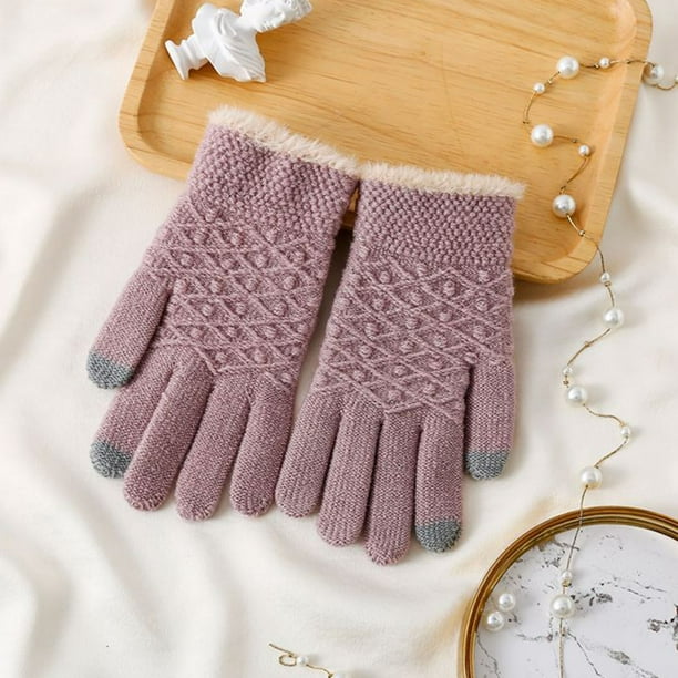 Guantes de invierno para mujer, de color liso, cálidos, con pantalla táctil, de punto, medianos y largos, de acrílico