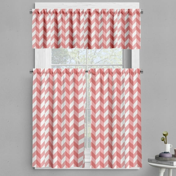 Ambesonne Coral Valance & Curtain, Retro Chevron Pattern, 55"x45", Coral Dark Coral White
