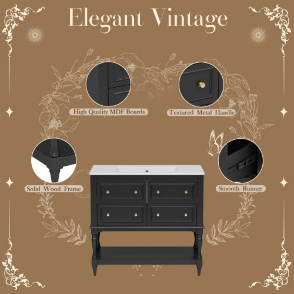 36" Bathroom Vanity with Sink, Freestanding Bathroom Vanity Cabinet with Undermount Ceramic Sink, Solid Wood Frame, 4 Drawers, Large Storage Shelf, Black
