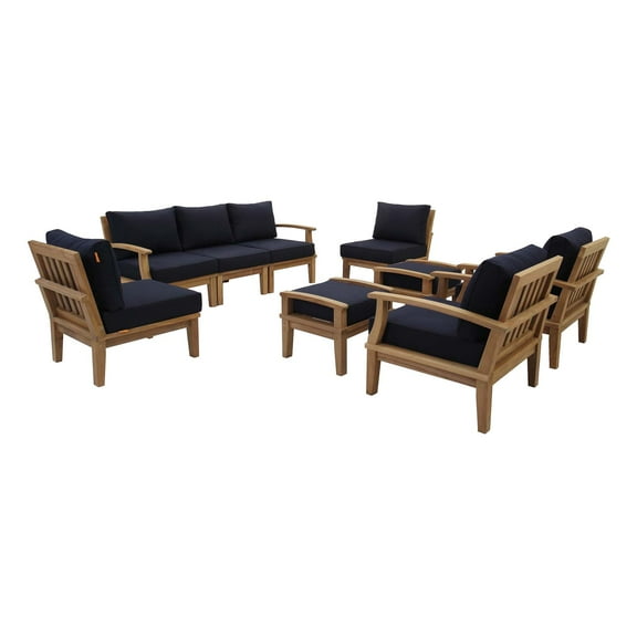 Modern Contemporary Urban Outdoor Patio Balcony Garden Furniture Lounge Sofa and Chair and Coffee Table Set, Wood, Navy Blue Natural