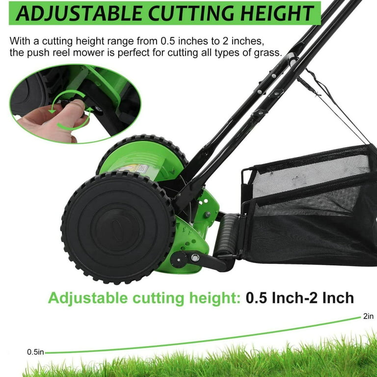 NiamVelo 2 Wheels Push Lawn Mower 15-inch Adjustable Cutting/ Handle Height Walk-Behind Lawn Mowers with Grass Catcher, Green