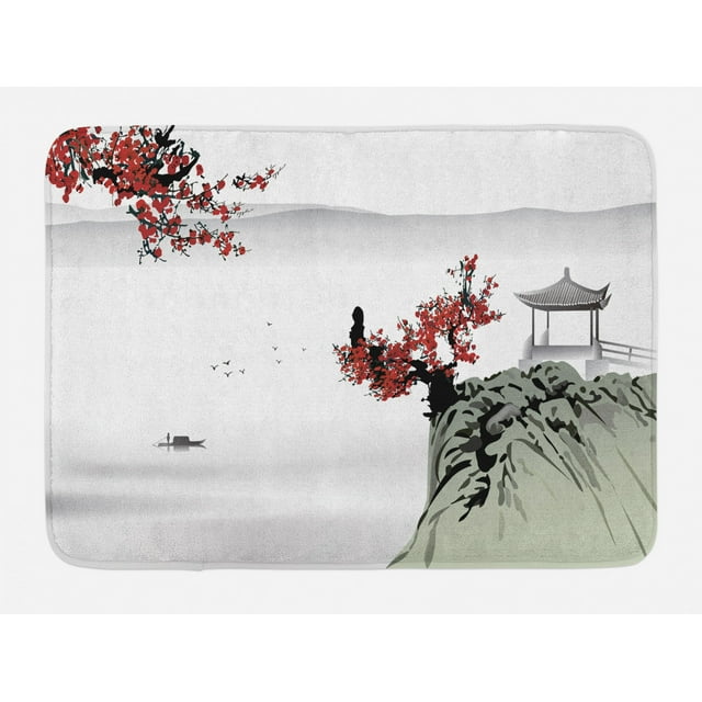 Asian Bath Mat, Asian River Scenery with Cherry Blossoms Boat Cultural Hints Mystical View Artsy, Non-Slip Plush Mat Bathroom Kitchen Laundry Room Decor, 29.5 X 17.5 Inches, Ruby Pale Grey, Ambesonne