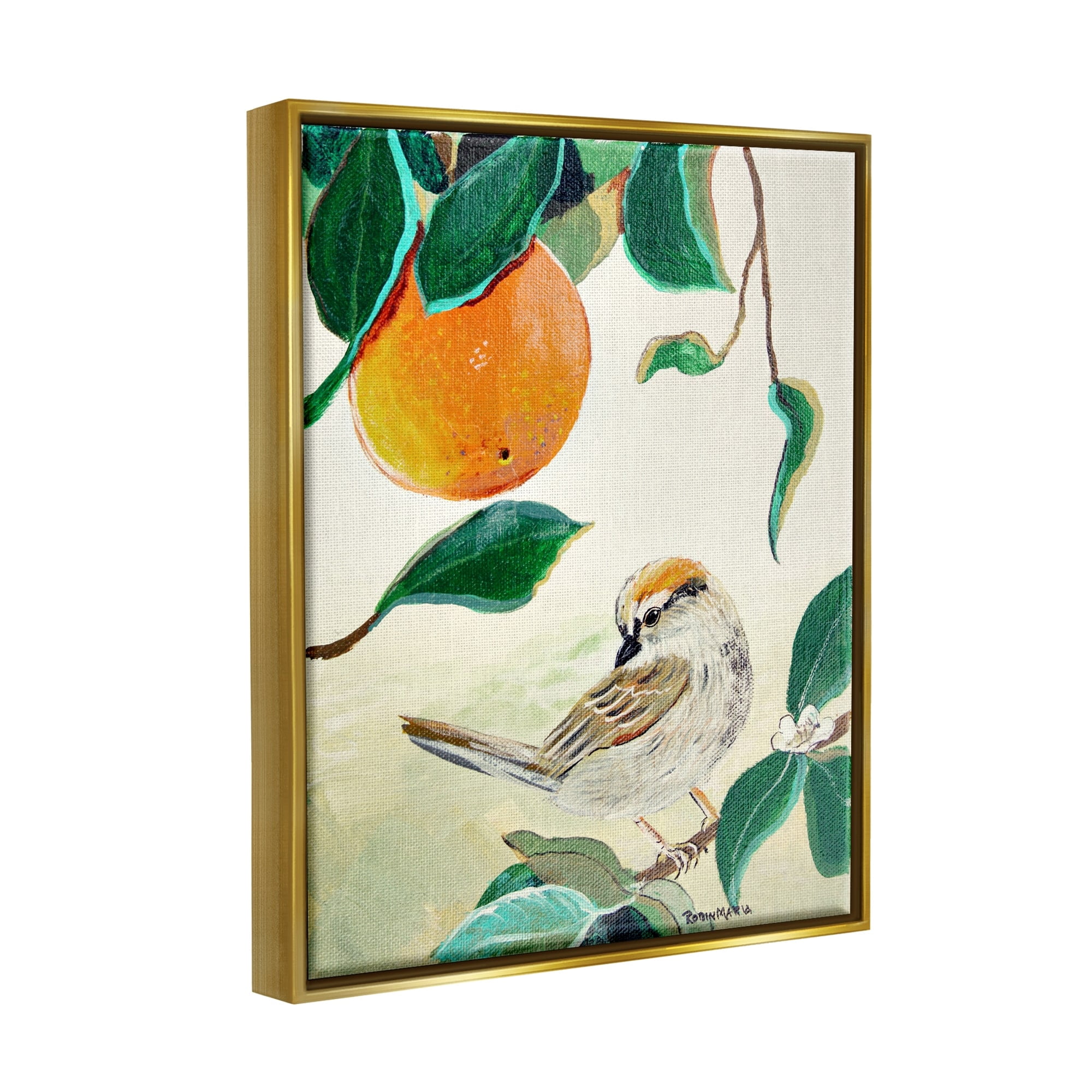 Stupell Industries Bird Perched Orange Fruit Tree Branch Leaves Painting Metallic Gold Floating Framed Canvas Print Wall Art, Design by Robin Maria