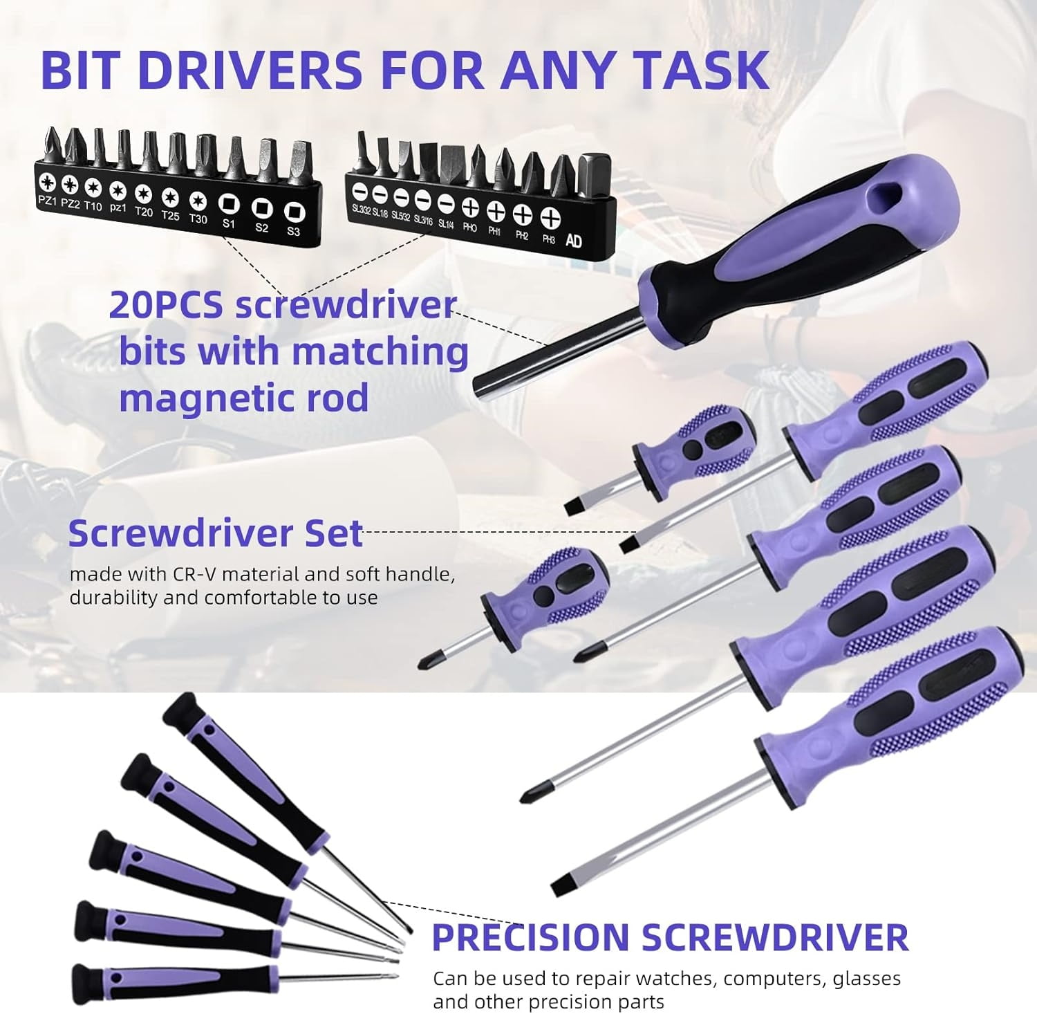 Purple Tool Set,223-Piece Tool Sets for Women,Tool Kit with 13-Inch Wide Mouth Open Purple Tool Bag,The Basic Tool Set is Perfect for Home Maintenance