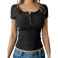 thumbnail image 3 of Women'S Summer Short Sleeve U Neck T Shirts Casual Ribbed Button Henley Knit Tops Blouse Black L, 3 of 9