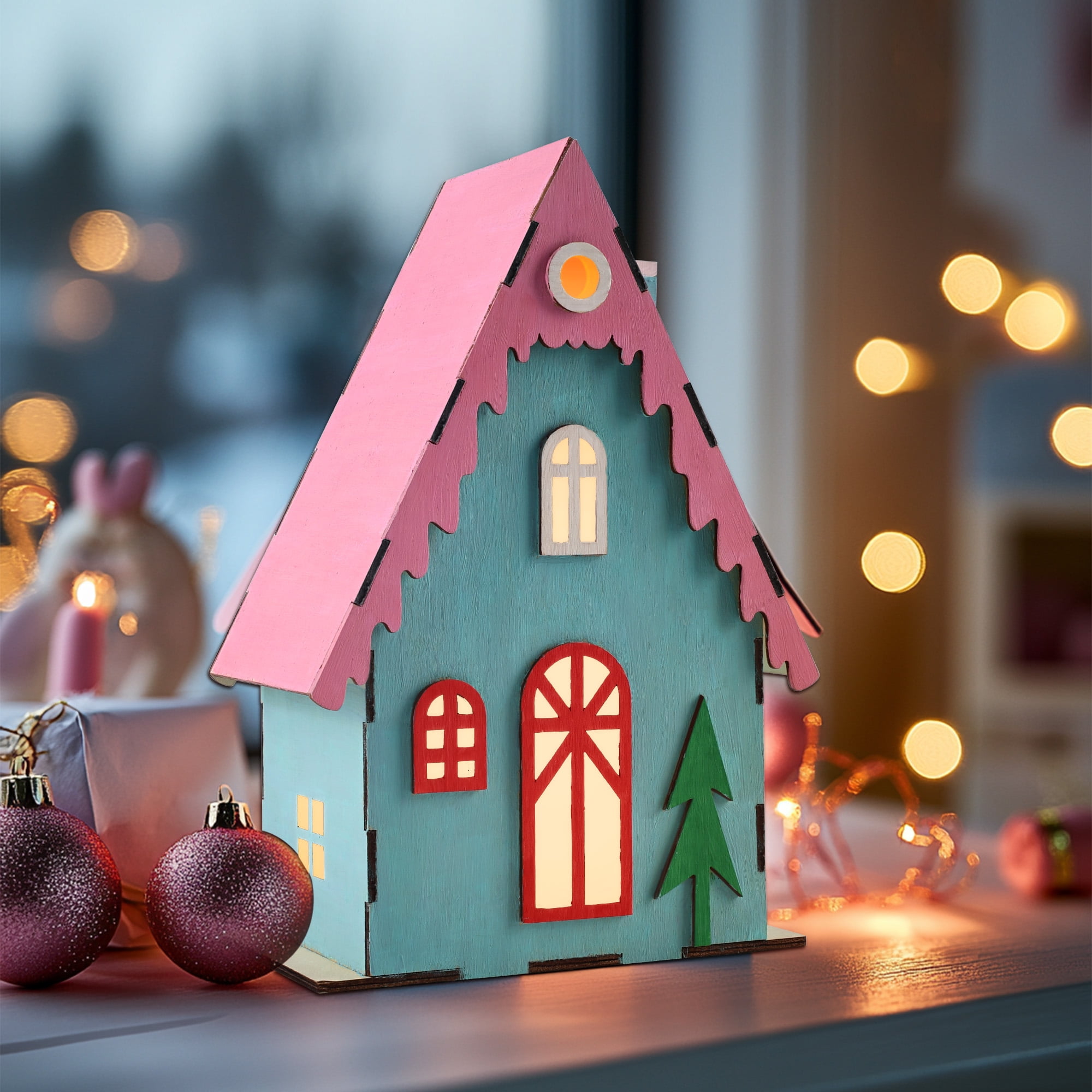 LED Light Up House and Paint Kit, 6.4 x 10 x 3.7 Inch, Wooden Decoration, Unisex,Christmas
