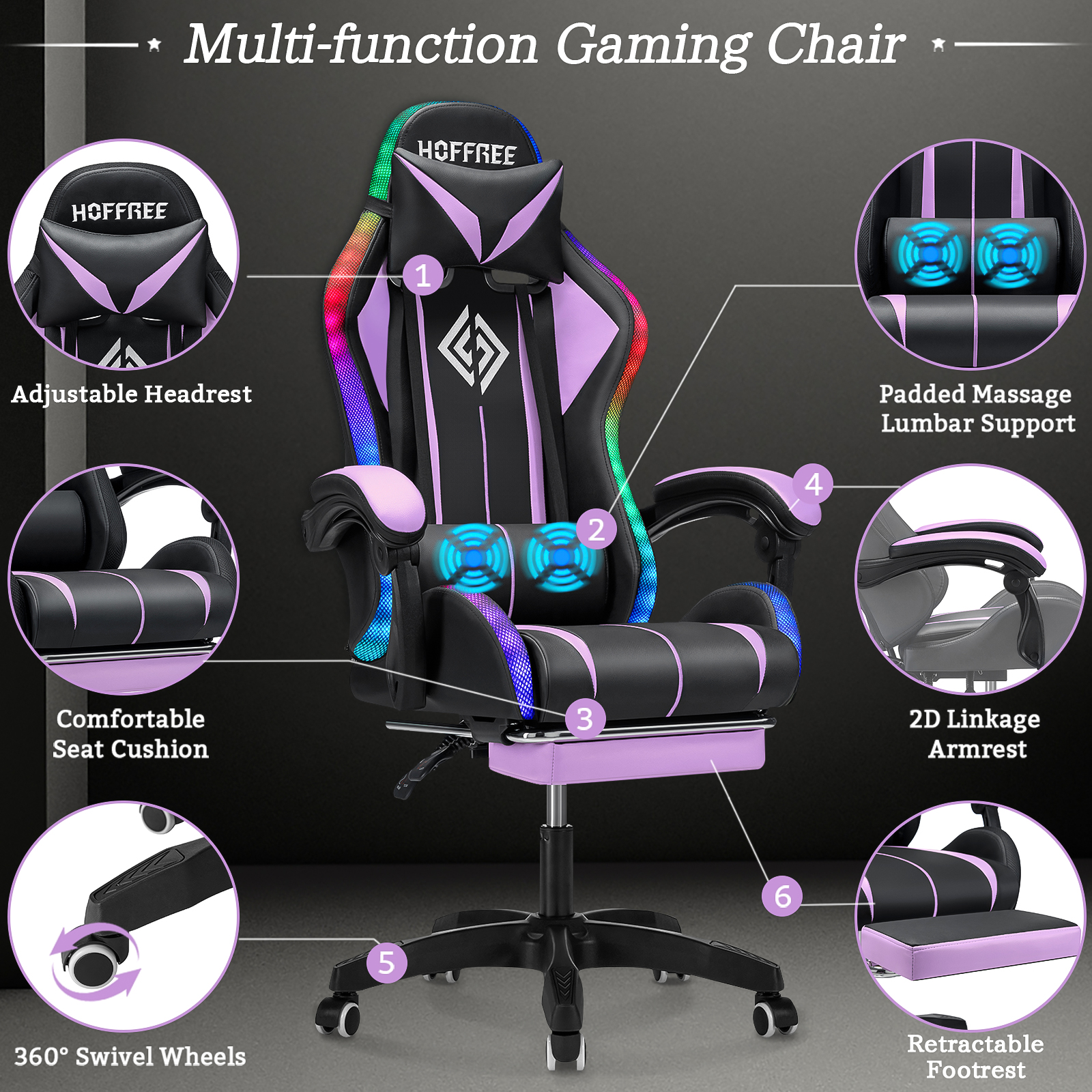 Hoffree Gaming Chair With Bluetooth Speakers And Footrest Massage Office Chair With Led Lights 1985