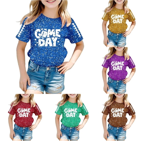 Toddler Girls Tops Glitter Graphic Print Short Sleeve Casual Tee Top Size 4-5T ,Blue