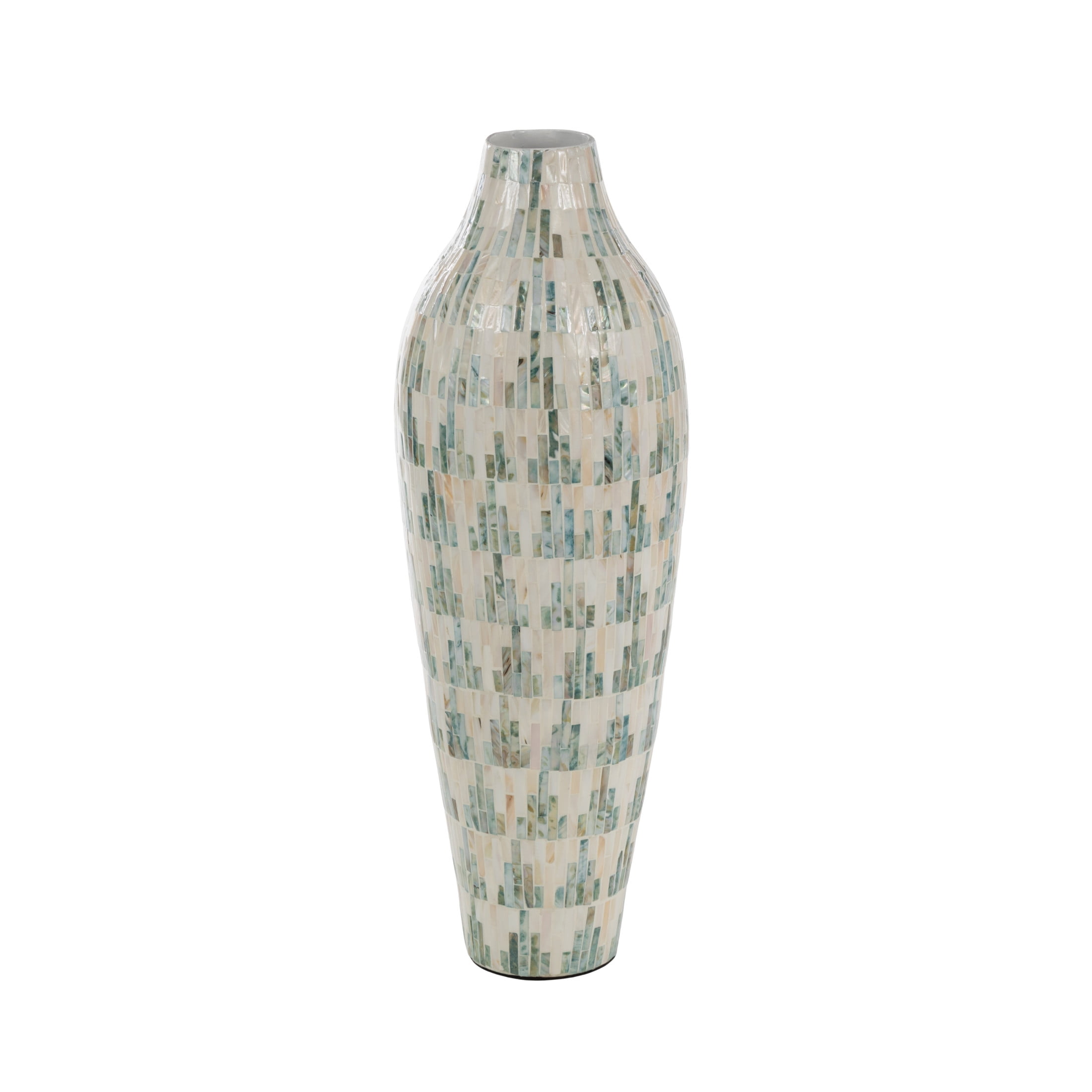 DecMode 28" Handmade Mosaic Inspired White Mother of Pearl Shell Vase with Pastel Blue and Pink Accents