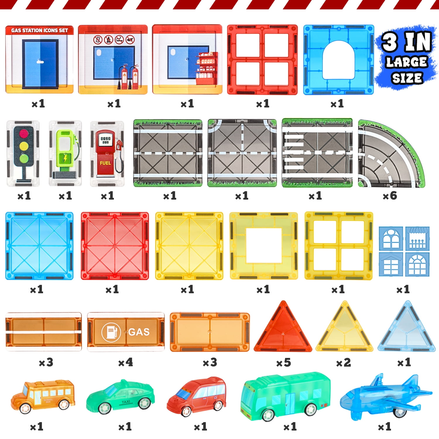 Freecat 63PCS Magnetic Tiles, Gas Stations Building Blocks Toys for Kids Ages 3-12 Years, STEM Educational Toys Christmas Birthday Gift for Kids Boys Girls.
