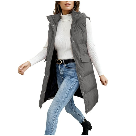 ZHYou Long Puffer Vest for Women Quilted Hooded Vest Padded Sleeveless Coat Jackets with Pockets,Gray,Size:L