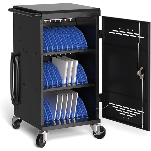 Metateel 30 Charging Station for Chromebook and iPad - Black Computer Charging Cart with Cable Management & Charger Organization for School Classroom & Office, Assembly Require