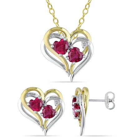 Tangelo 2-1/2 Carat T.G.W. Created Ruby and Diamond-Accent 2-Tone Sterling Silver Heart Earrings and Pendant Set