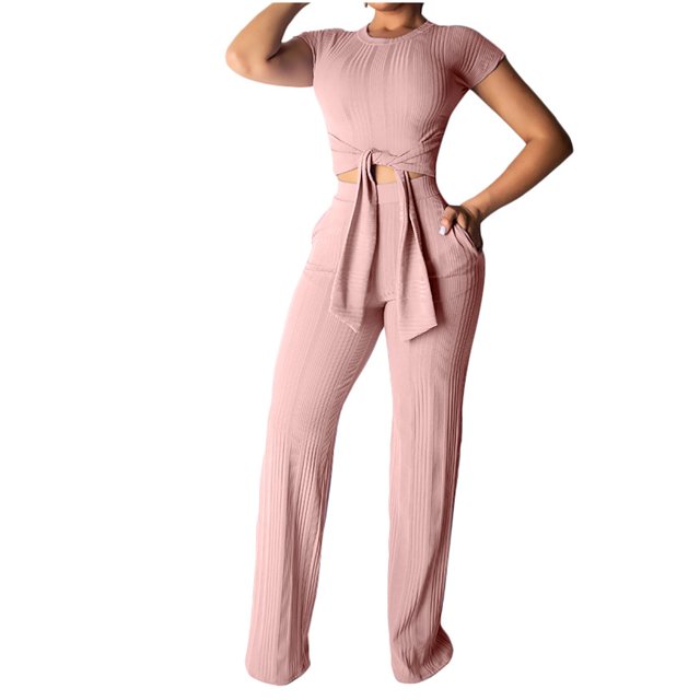 Birdeem Ensemble de Mode pour Femmes Couleur Unie Rayé Décontracté Sports Cravate Manches Courtes Pantalon