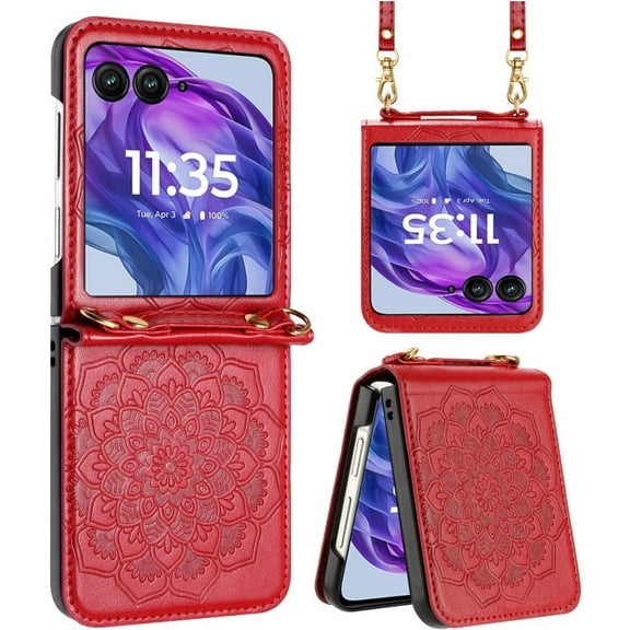 For Motorola Razr+ Plus 2024 Embossed Floral Design Case Cover with Strap - Red