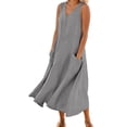 thumbnail image 1 of Vestido largo sin mangas con cuello en V y color liso para mujer: corte holgado, bolsillos, vestido informal cómodo para el día a día., 1 of 5