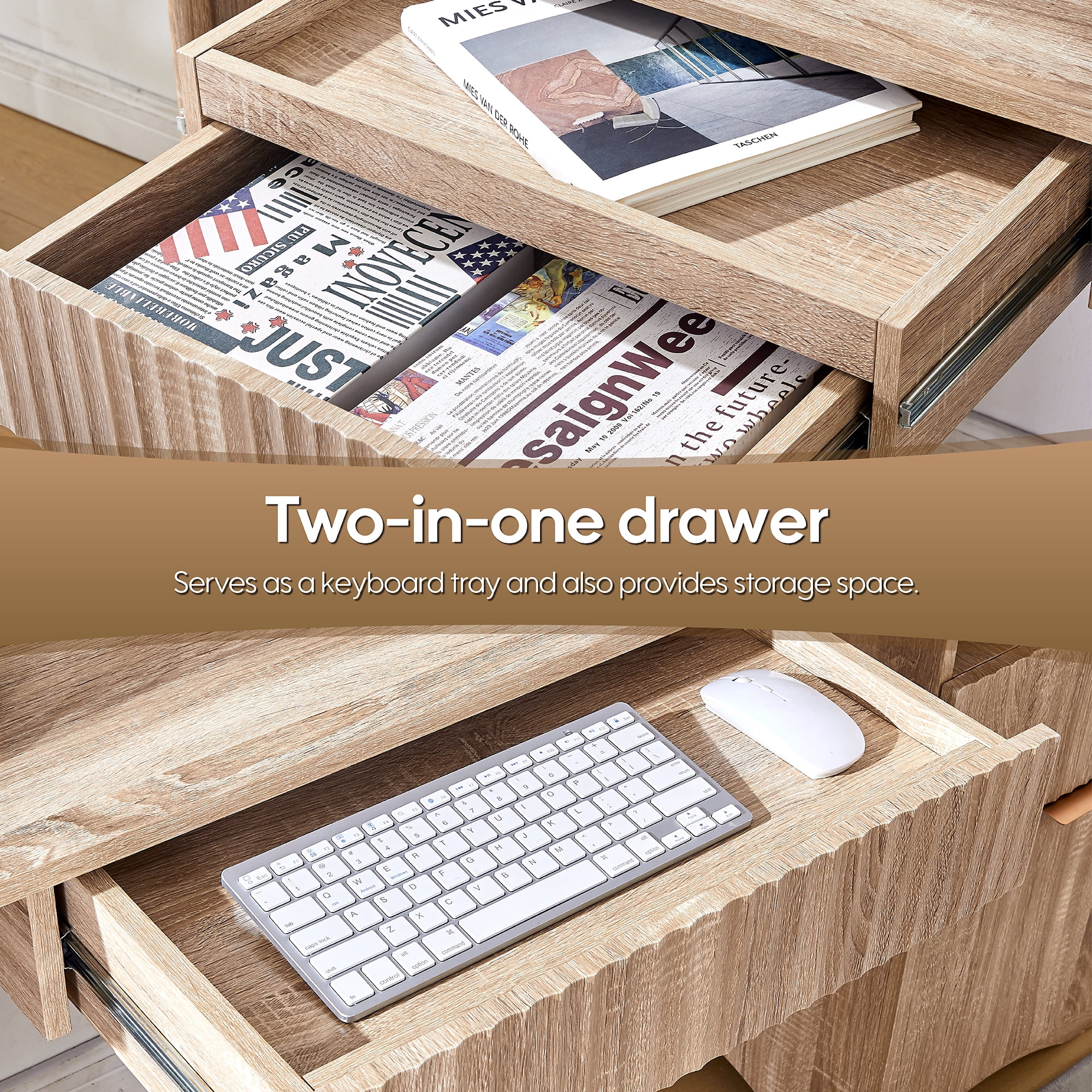Haooyeah 55 Inch Natural Computer Desk with Charging Station, Adjustable File Cabinet, Open Storage, Vertical Fluted 2-in-1 Keyboard Tray Drawer