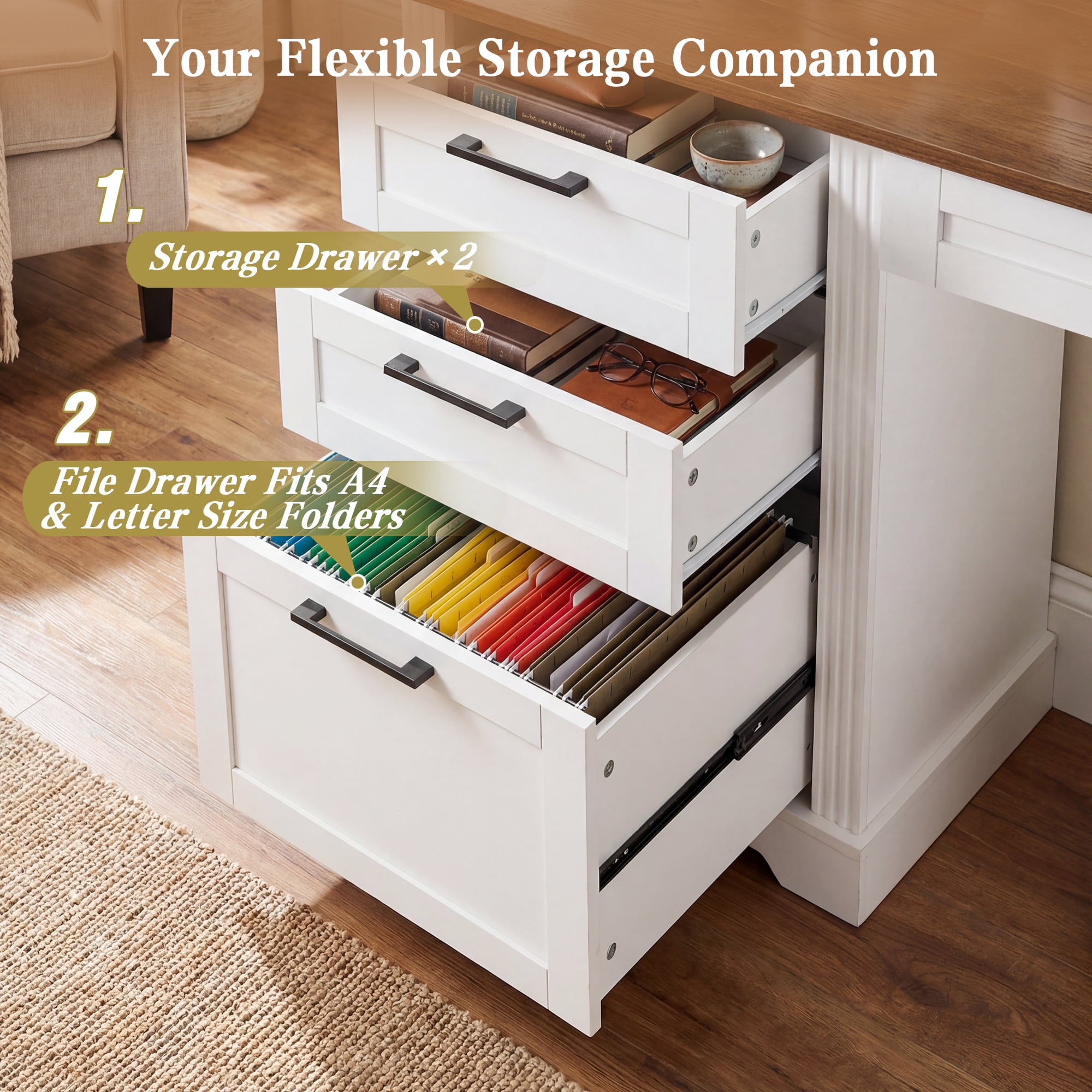 Leumius Farmhouse Office Desk with Charging Station & Storage Cabinet, Barn Door Design Home Office Study Desk with File Drawer, Monitor Stand and Keyboard Tray for Office Study Living Room White