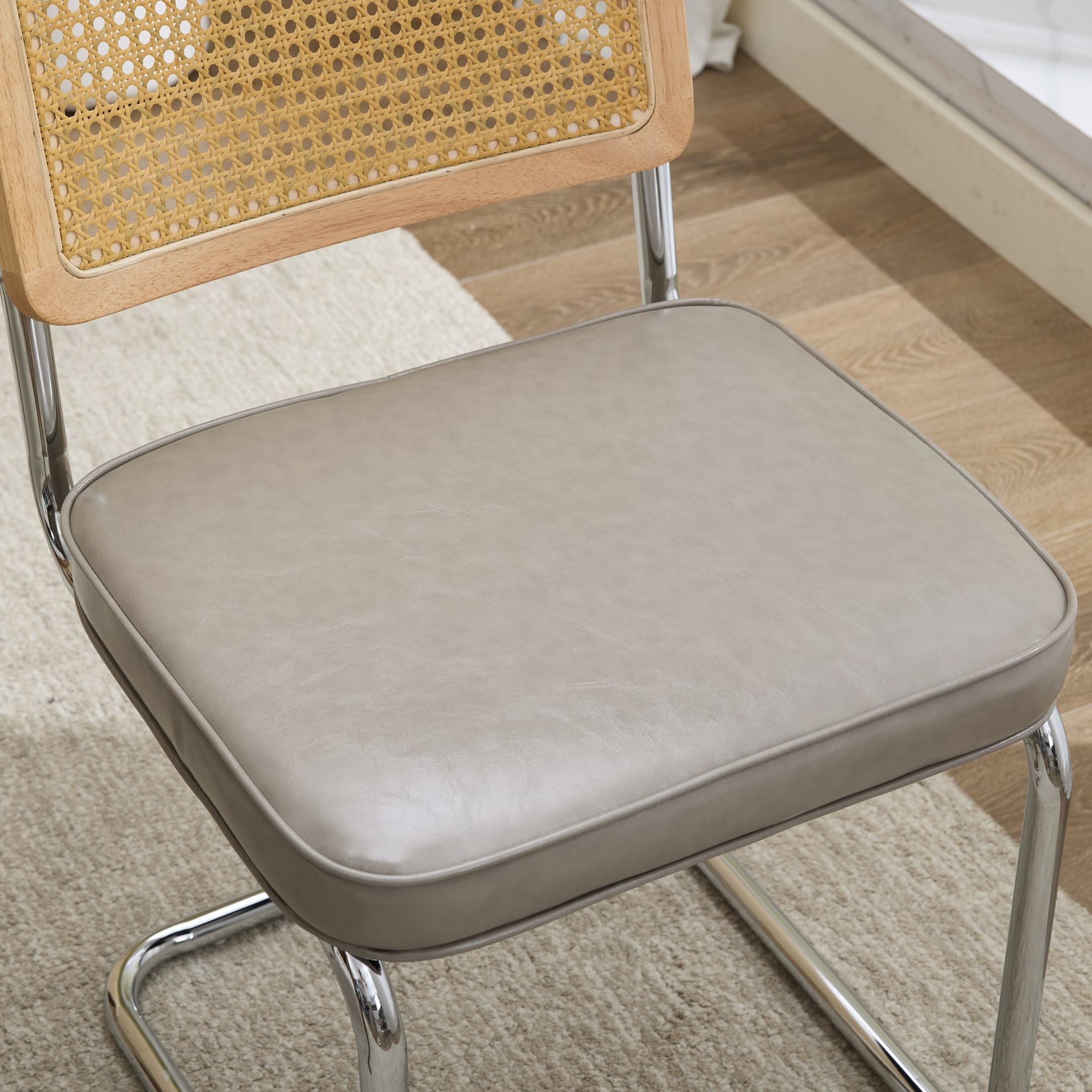 GDF Studio 23.2" Dining Chairs Set of 2 with PU Upholstery, Natural Cane Back & Chrome Metal Base, Gray