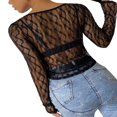 thumbnail image 4 of Sexy See-through Long Sleeve  Neck Button Down Lace Tops, 4 of 4
