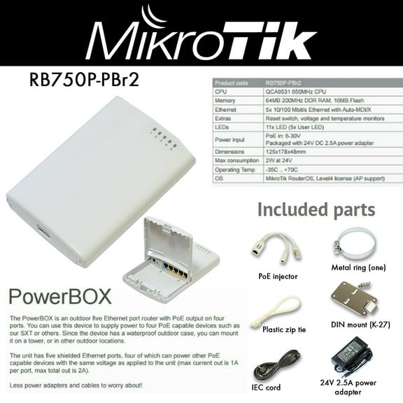 Mikrotik PowerBox 64MB Router 5x10/100 4xPoE-OUT OSL4 Outdoor Case 2W at 24V