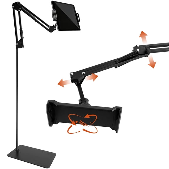 cyrico Tablet Floor Stand, Adjustable Height Metal Tablet Holder with Flexible Arm, Universal Tablet Stand Compatible with 4.7–12.9" Tablets, Phones, E-Readers and Devices
