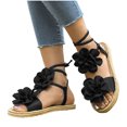 thumbnail image 4 of Flat Sandals for Women, Open Toe Ankle Strap with Floral Embellishment and Woven Rope Sole, Black Size 36, 4 of 9