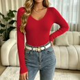 thumbnail image 4 of Fitted Pullover Knit Sweaters for Women V Neck Long Sleeve Ribbed Top Slim Fit Soft Knitwear for Dating Work Occasions Red M, 4 of 6