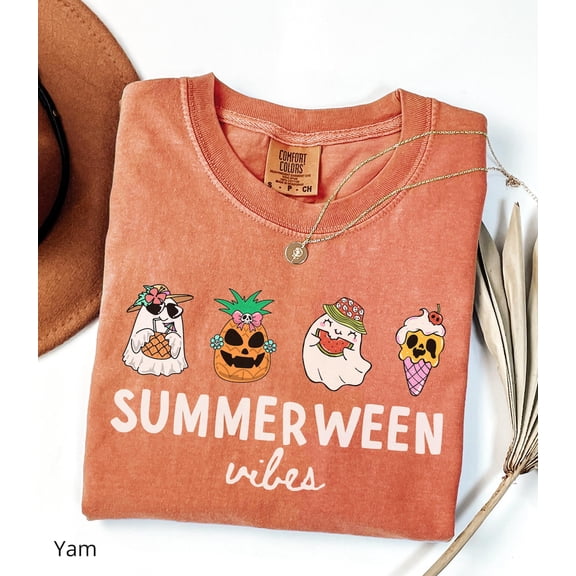 VibeNest Studio Unisex Summerween Vibes Ghost Pineapple Spooky Summer Halloween Garment Dyed Graphic T-Shirt