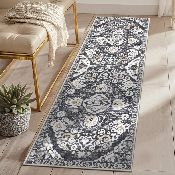 MeyJey Alfombra de Corredor Boho de 2'x6', Alfombra Oriental Antideslizante Lavable a Máquina, Alfombra de Piso Vintage Desgastada para Recámara, Cocina, Sala de Estar, Lavadero, Gris/marrón