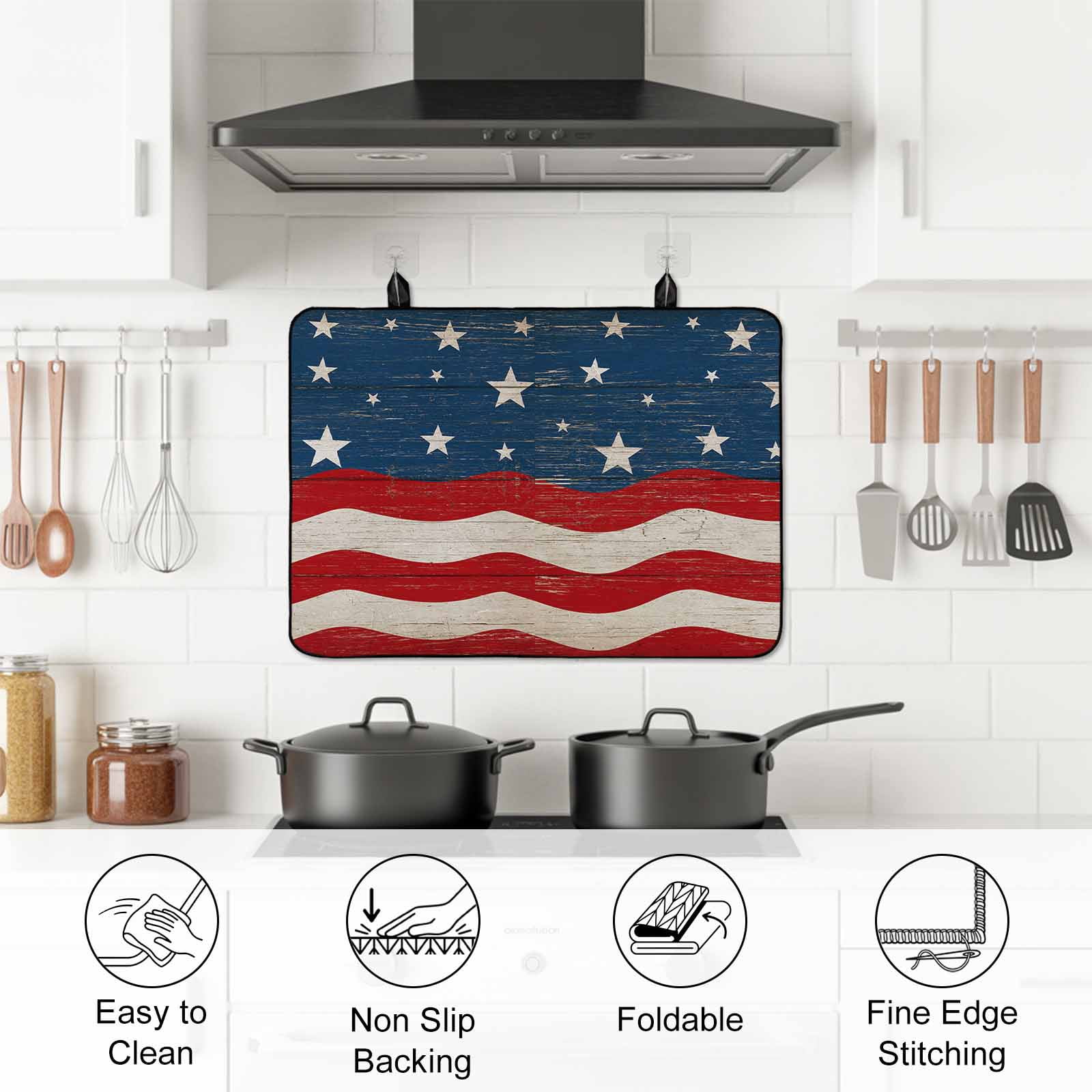 4th of July Stove Top Cover for Electric Stove, Heat-proof & Non Slip Glass Top Stove Cover Protector, American Flag Star on Wood Independence Day Kitchen Flat Cooktop Rubber Mat 24x21 Inches