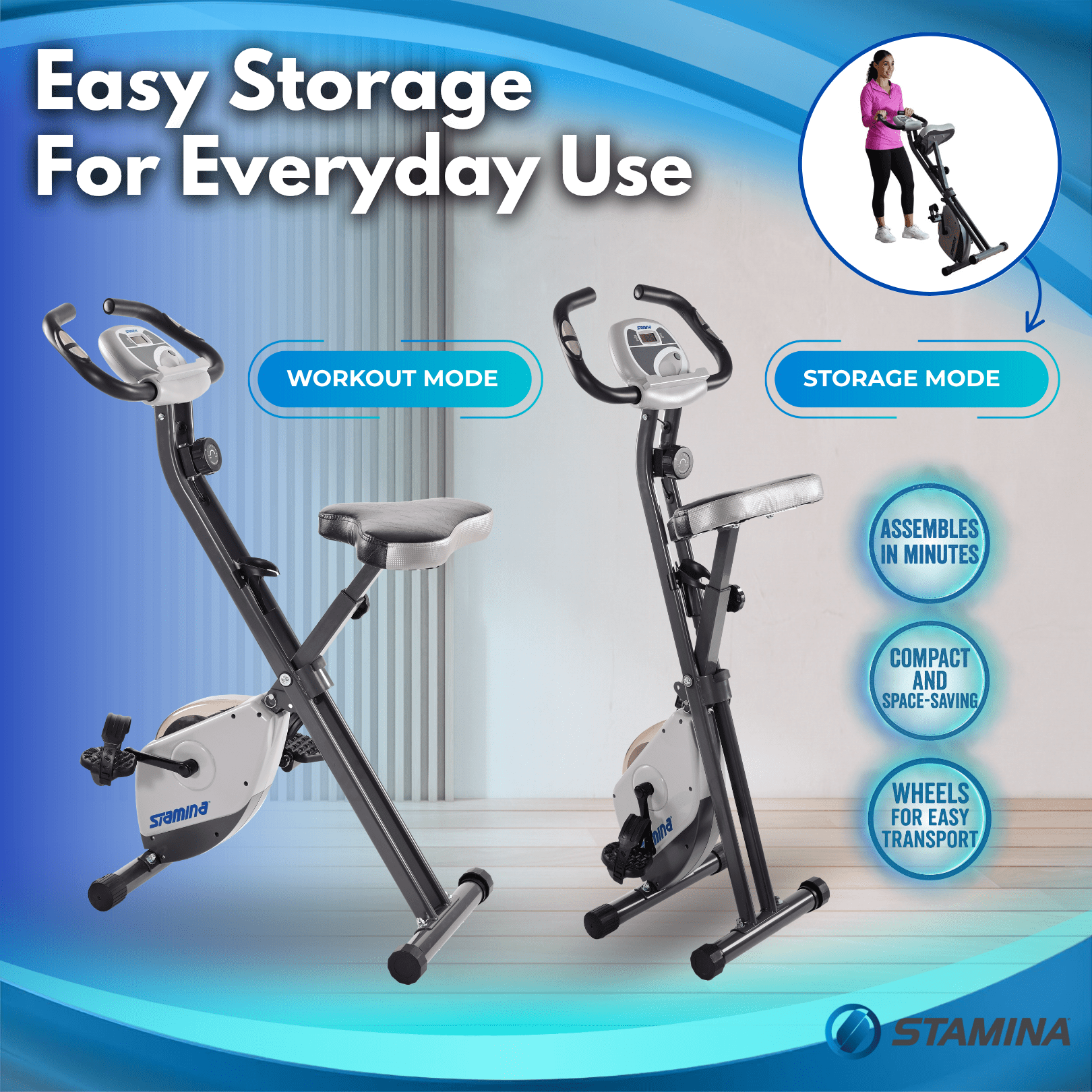 Stamina Cardio Folding Exercise Bike with Heart Rate Sensors and Extra Wide Padded Seat