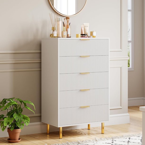 Qinaqin 5 Cajón Dresser Para Bedroom 48inch Tall Moderno Chest De Drawers Con Gold Metal Handles Y Anti-Tipping Device Fluted Wooden Organizador Living Room/Hallway/Kids Room Blanco