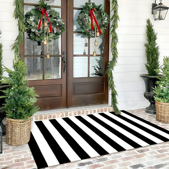 DERONA Fall Outdoor Rug Halloween Rug Thanksgiving Decor Rug New Stripe Outdoor Rug Layered Doormats For Front Door Porch Farmhouses Entryway Patio Dark Color Rug