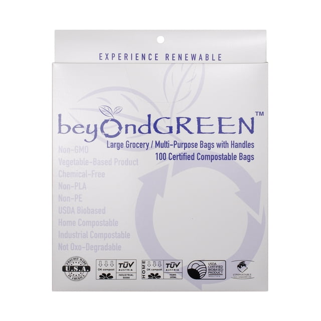 beyondGreen Plant Based Multipurpose Shopping Bags with Handles, 100 Pack
