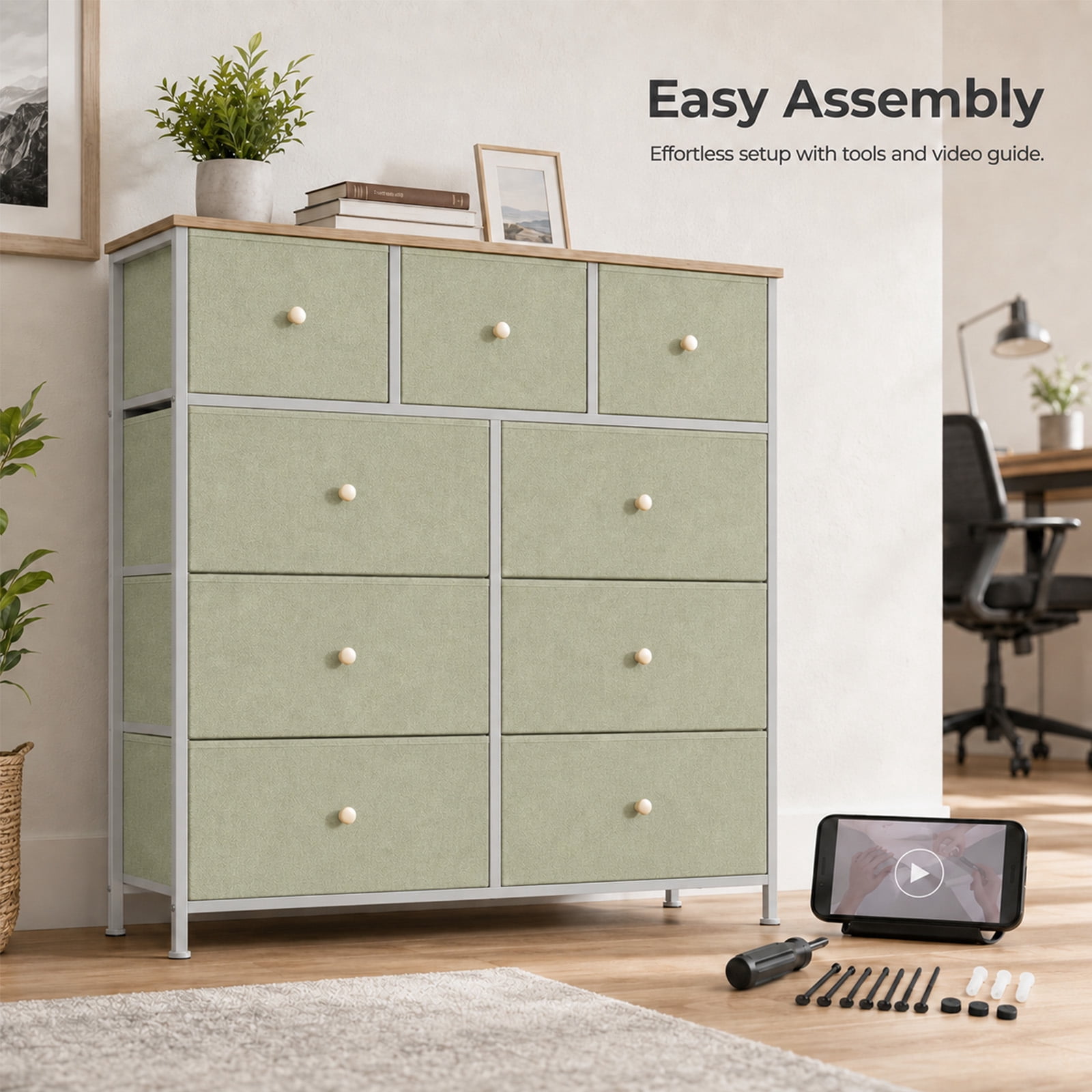 Alvantor 8/9 Drawer Fabric Dresser, Storage Tower for Bedroom and Closet, Chest of Drawers with Sturdy Steel Frame & Wooden Top for Living Room, Entryway