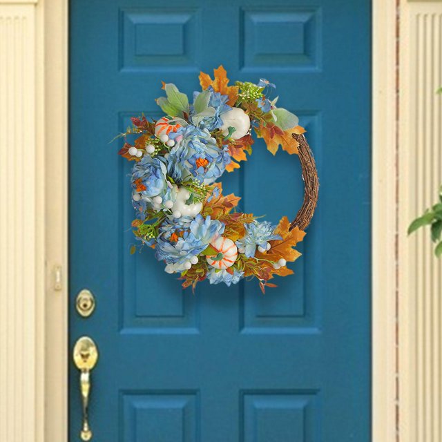Puerta delantera Corona de otoño 35 cm Acción de gracias Hogar Guirnalda artificial Flor de otoño Corona para pared Inauguración de la azul Soledad Guirnalda de puerta