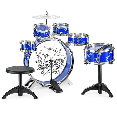 Electronic Drum Set Kids Best Choice Products 11-Piece Kids Starter Drum Set w/ Bass, Tom Drums, Snare, Cymbal, Stool, Blue ()