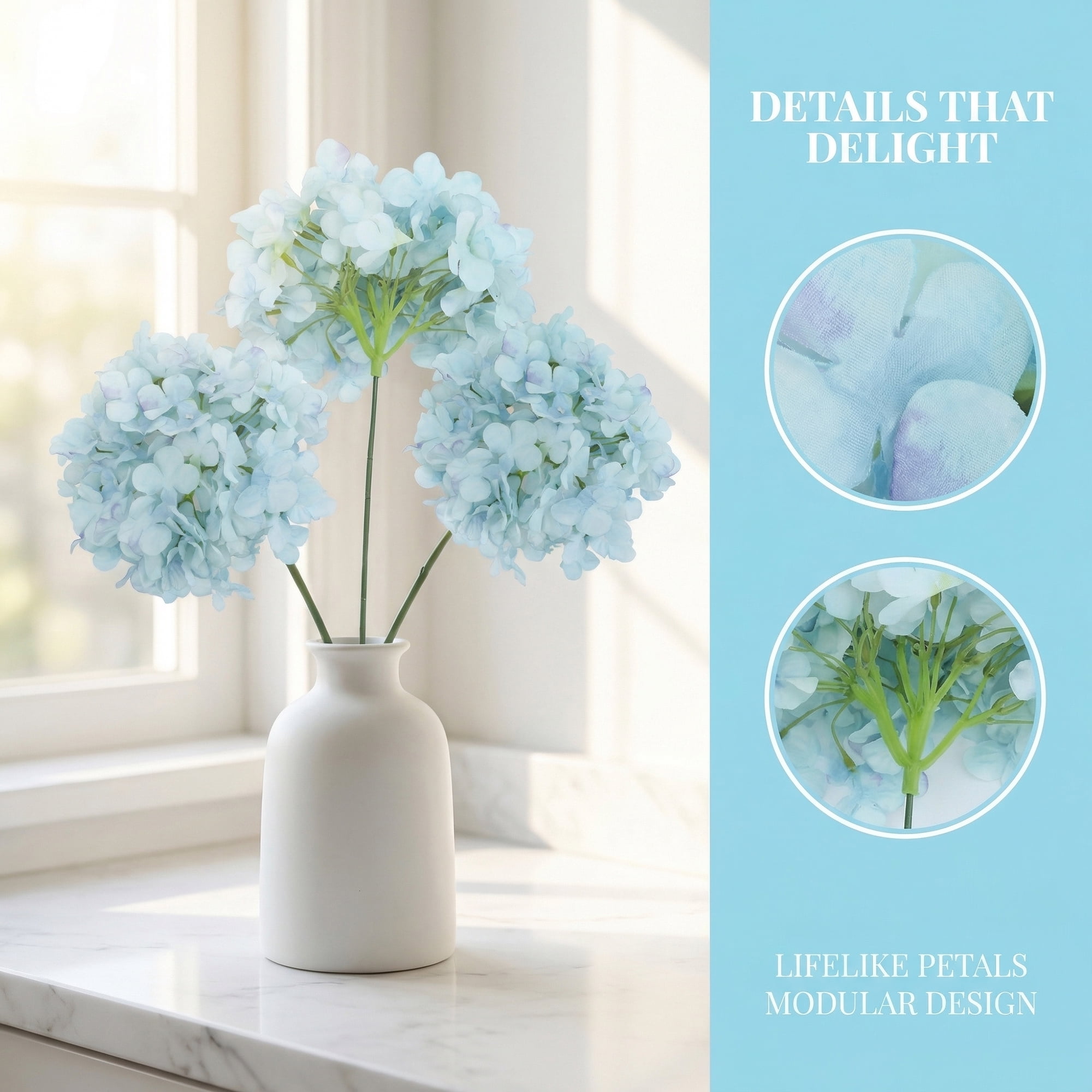 Unique Bargains 6Pcs Artificial Hydrangea Flowers Silk Bouquet Light Blue 17.3"