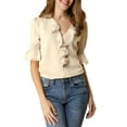 thumbnail image 6 of INSPIRE CHIC Women's Ruffled V Neck Puff Elbow Sleeve Semi-Sheer Chiffon Blouse XS Beige, 6 of 9