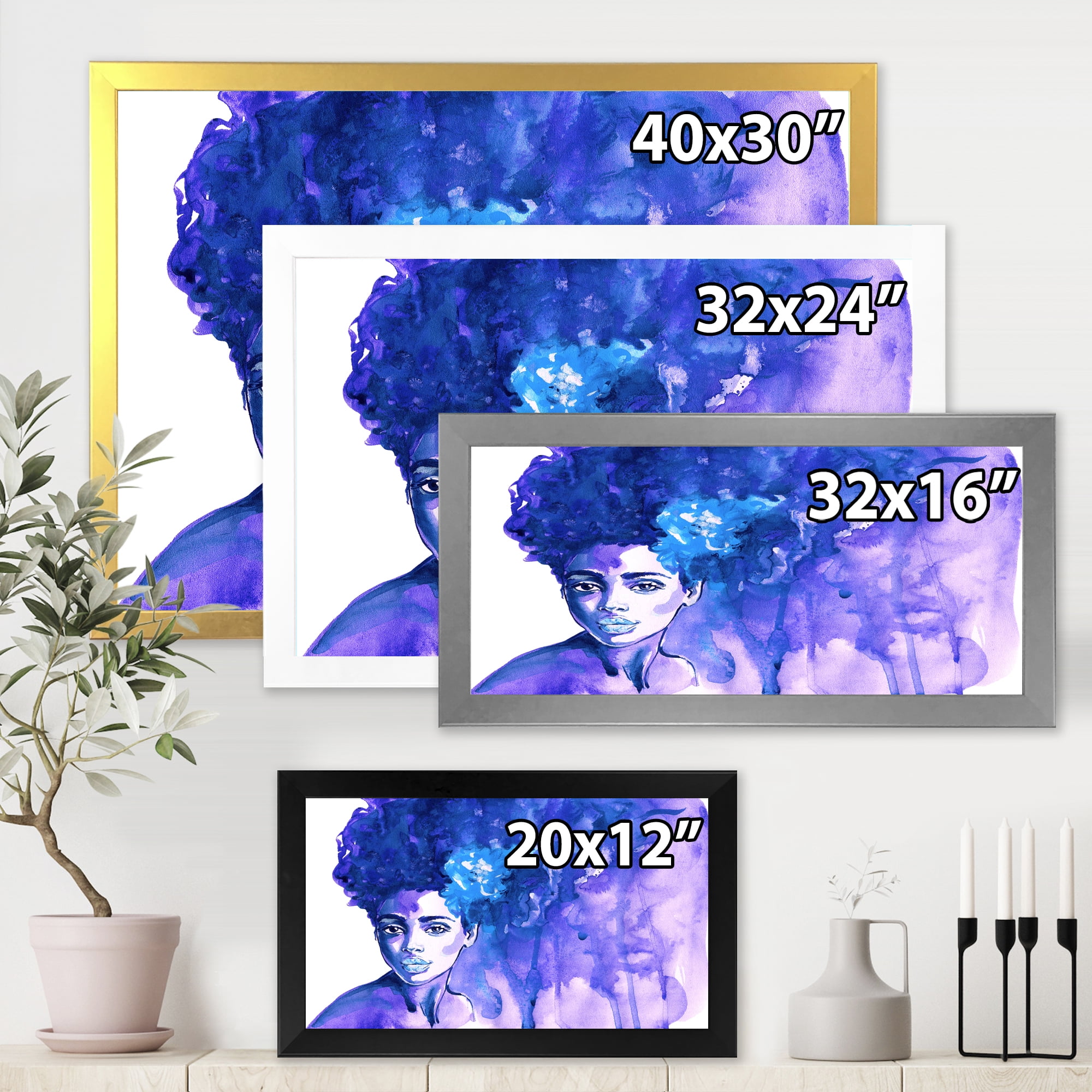 Designart 'Glorious Blue Portrait of Afro American Woman' Modern Framed Art Print