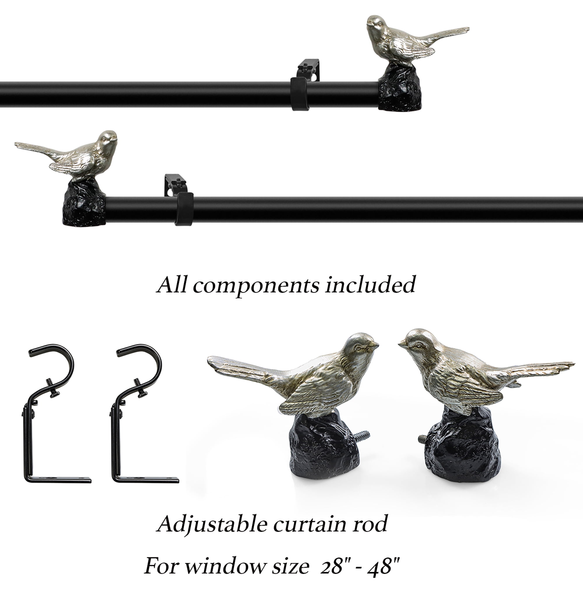 MERIVILLE 1" Single Curtain Rod Set, Adjustable 28-48 Inches, Bird Finials, Pewter