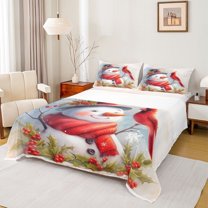 Homewish Kawaii Xmas Robin Queen Sheet Sets, Cartoon Christmas Snowman Flat Sheet, Teens Kids Boys Girls Queen Fitted Sheet, Lightweight Room Decor, 4 Pieces