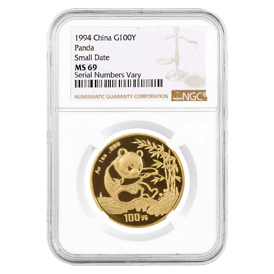 1994 1 oz Chinese Gold Panda 100 Yuan Small Date NGC MS 69