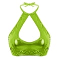 thumbnail image 1 of RUNQHUI Women's Shiny Metallic Keyhole Crop Top Halter Backless Rave Bandeau Vest Bra Clubwear Fluorescent Green One Size, 1 of 6